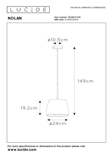 Lucide NOLAN - Hanglamp - Ø 24 cm - 1xE27 - Zwart - technisch